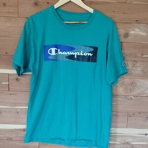 Champion Green T-Shirt, Size L, Blue, Black, Gray, & White Logo